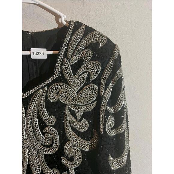 VTG Wayne Clark Silk Gown Evening Dress Womens Size L Black Silver Beaded 90s - Picture 5 of 12